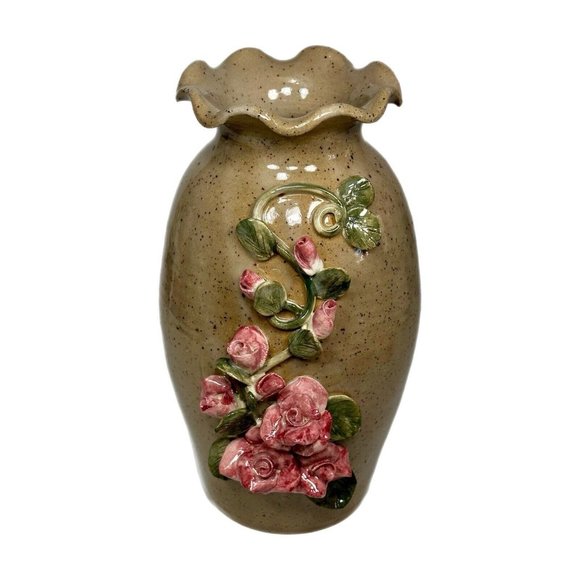 Pottery Vase Bud Studio Signed Art Glaze Brown Stoneware MCM Ruffled Stoneware - Picture 1 of 9